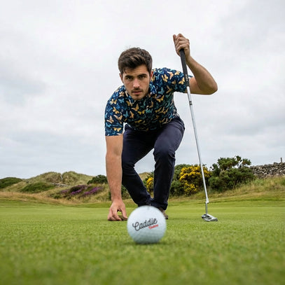 Man preparing to putt a golf ball on a green with a cloudy sky.
