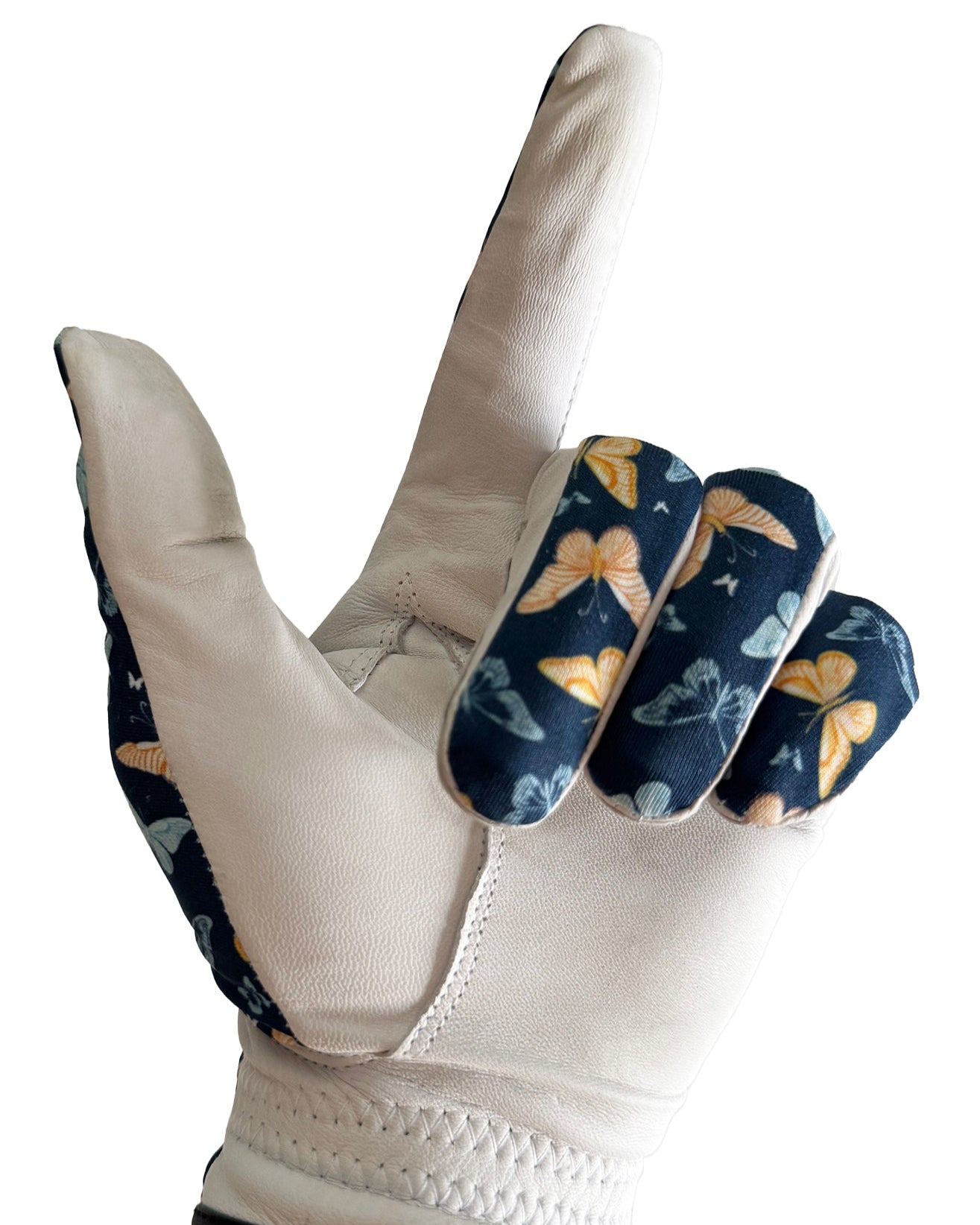 White golf glove with floral pattern on the palm on a white background