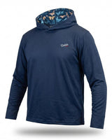 Navy blue golf hoodie with colourful hood lining on a white background