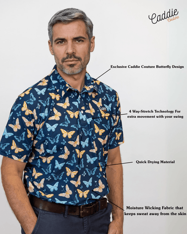 Man wearing a blue golf shirt with butterfly pattern, featuring text about fabric properties.