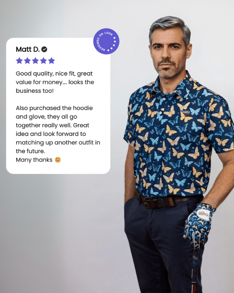 Man wearing a blue butterfly-patterned shirt with a glove, standing next to a five-star review on a gray background.