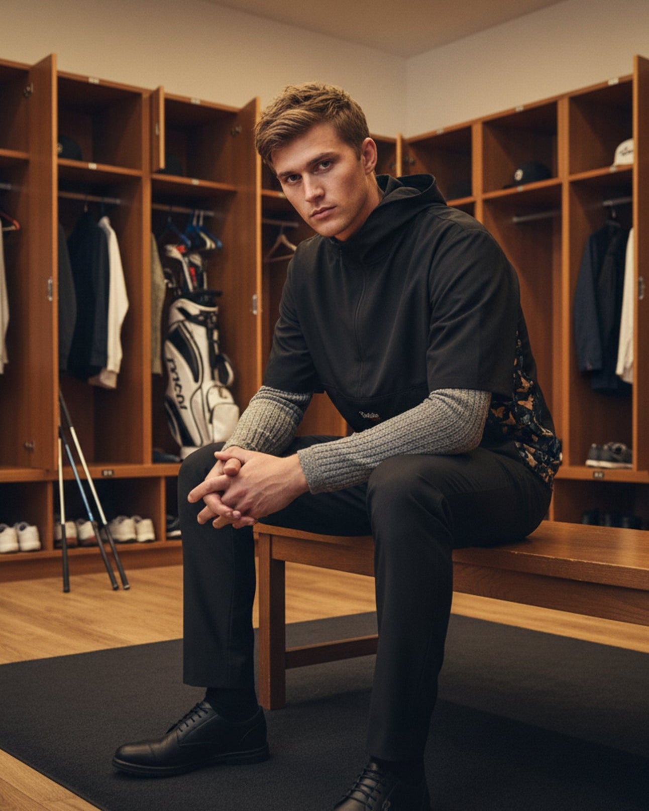 Man sitting in a locker room wearing a black windbreaker and gray sweater.