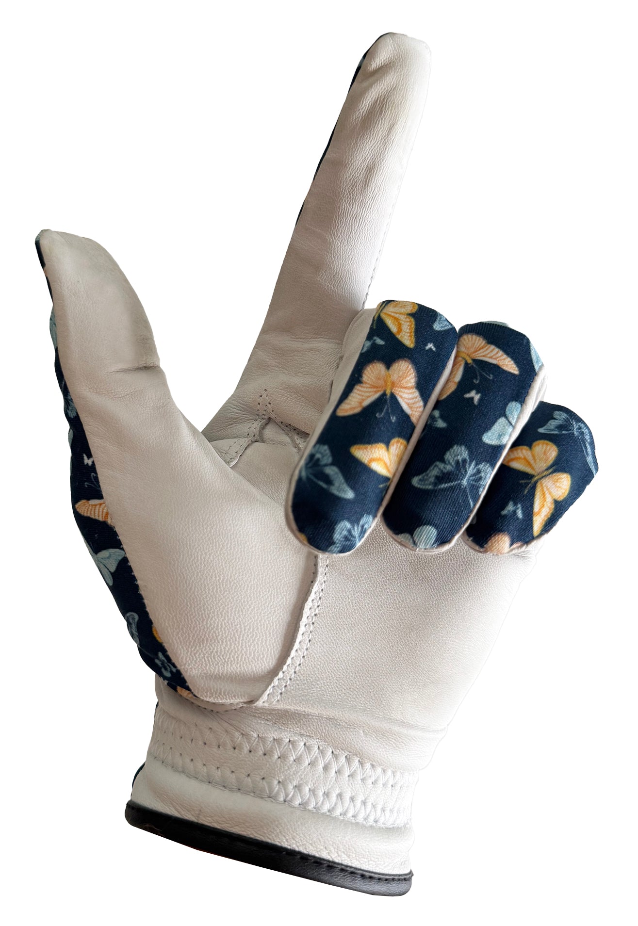 White golf glove with floral pattern on the palm on a white background