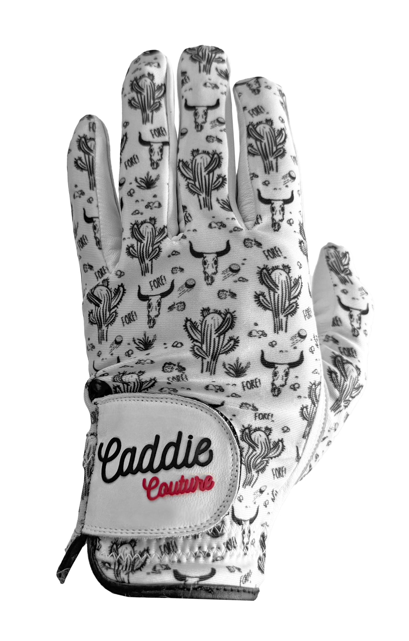 Golf glove with cactus pattern and 'Caddie Couture' branding on a white background