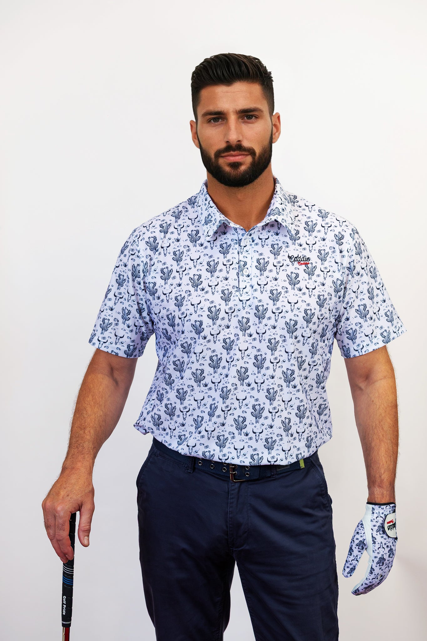 Man Wearing Cactus Golf Polo with matching glove and golf club