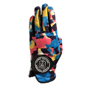 A multicolored patterned golf glove with the brand logo visible on the wrist area.