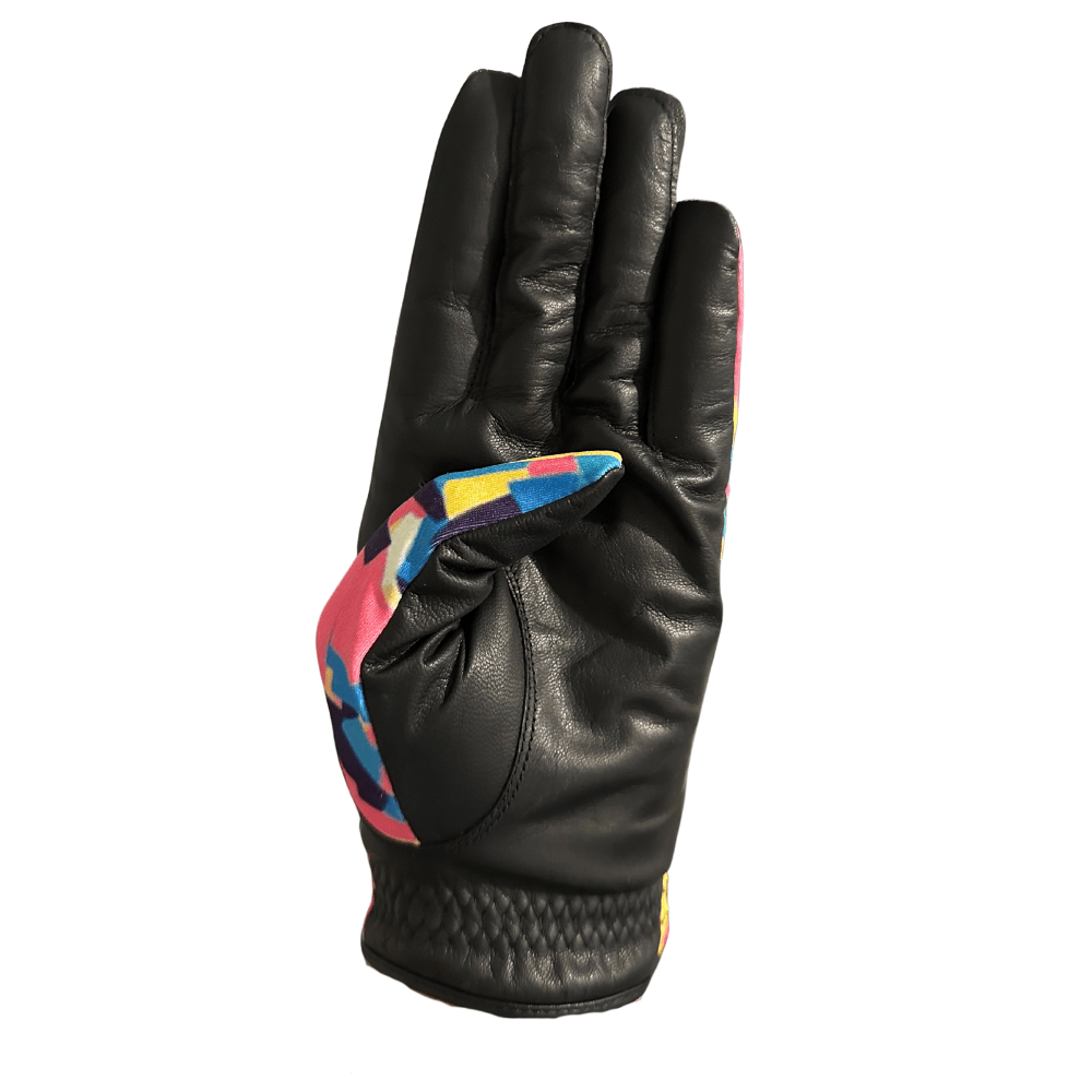 multi coloured golf glove black leather palm