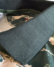 Close-up of a dark charcoal gray knit collar laid over a camouflage-patterned fabric background.