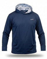 Navy blue golf hoodie with a patterned lining on a white background