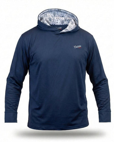 Navy blue golf hoodie with a patterned lining on a white background