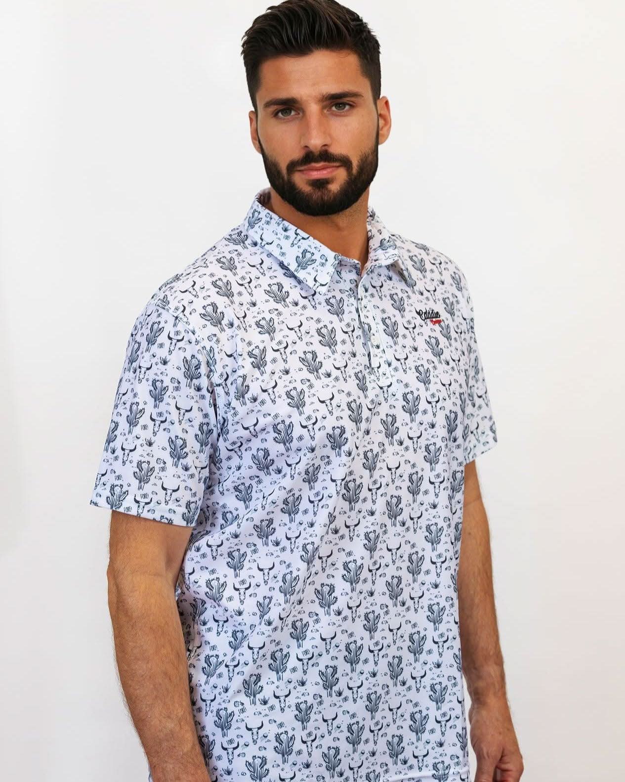 Man wearing a cactus and bull golf polo side facing