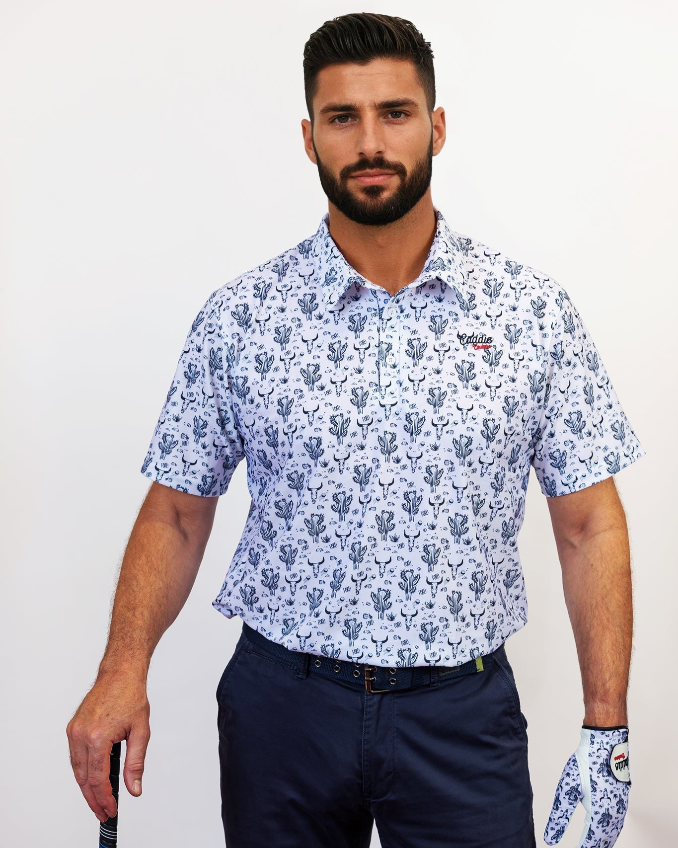 Man Wearing Cactus Golf Polo with matching glove and golf club