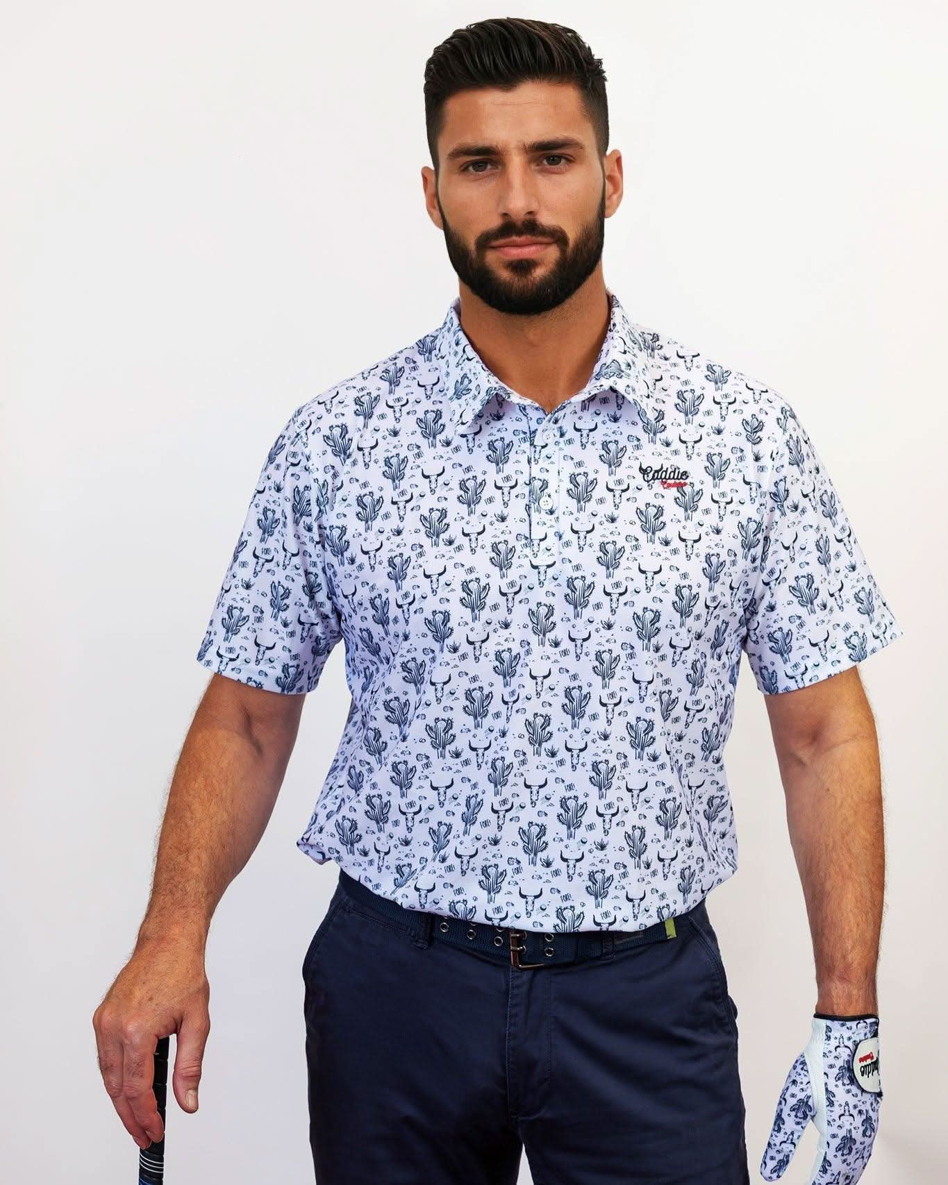 Man Wearing Cactus Golf Polo with matching glove and golf club