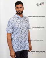 Man wearing a patterned golf shirt with text highlighting features on a white background