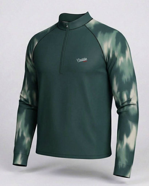 Green long-sleeve shirt with a brand logo on a light gray background