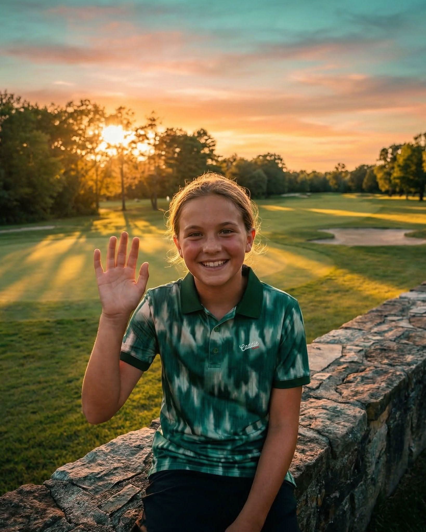 Person waving at sunset on a golf course