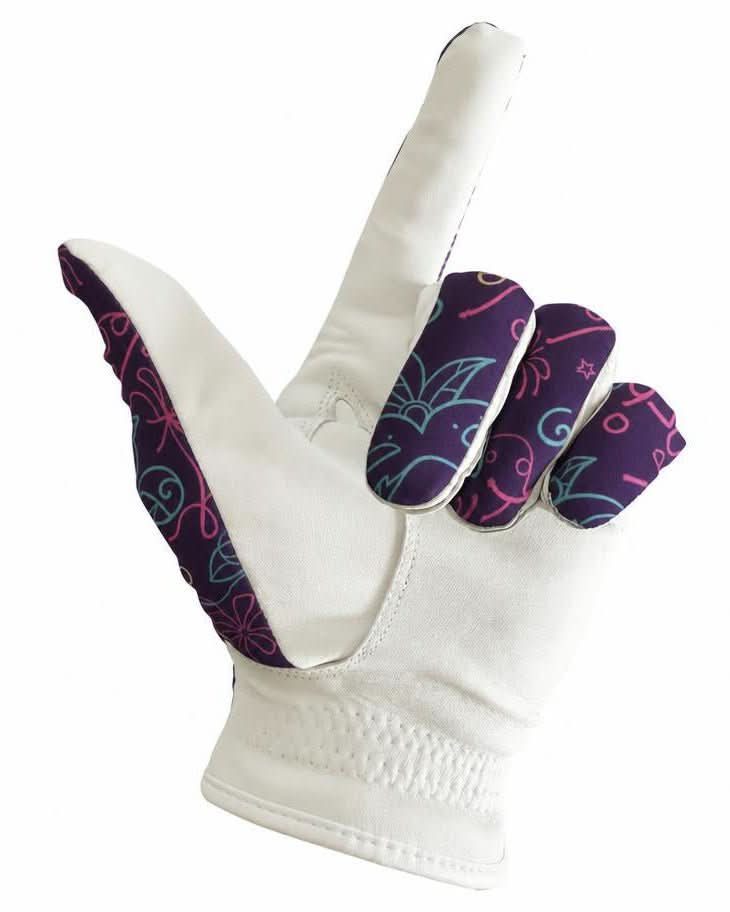 White glove with purple and pink pattern on a white background