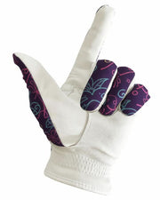 White glove with purple and pink pattern on a white background