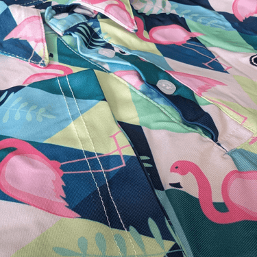 Flamingos signature golf polo close up