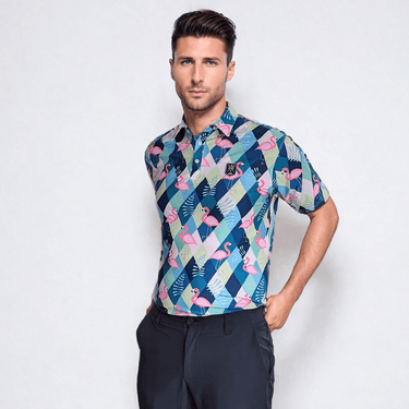 Male model with hands on hip wearing Flamingos signature Golf Polo