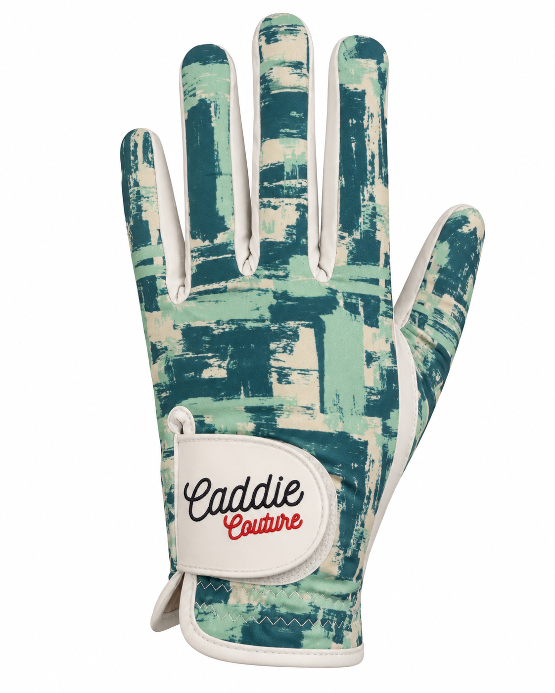 A single Caddie Couture golf glove featuring a textured teal and sage green brushstroke camouflage pattern with white trim and a white wrist patch displaying the brand name.