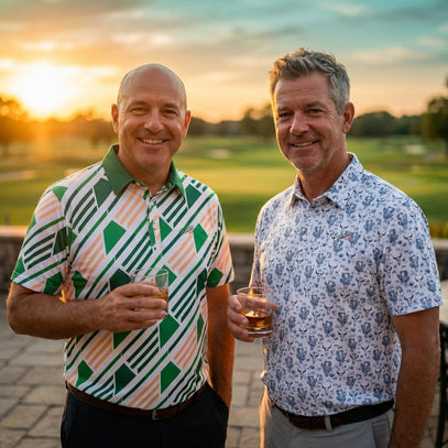 two men wearing golf polos having a drink at a golf course