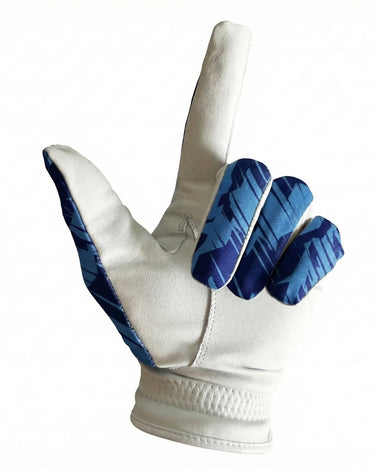 White glove with blue patterned fingers on a white background