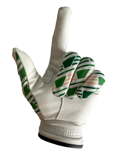 White golf glove with green and brown pattern on a white background