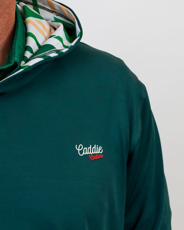 Green hoodie with 'Caddie' logo on a plain background