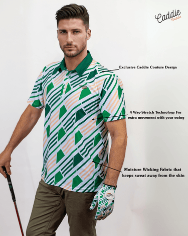 Man wearing a green and white patterned shirt with text about Caddie Couture design and features.