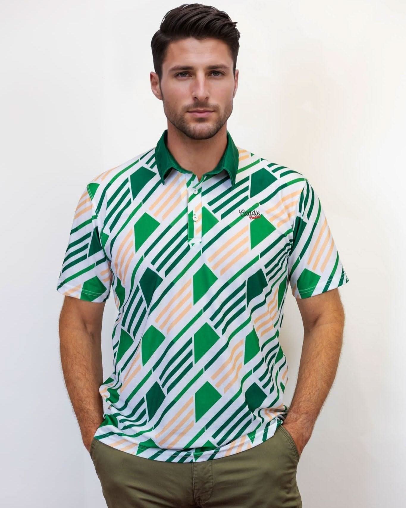 Man wearing a patterned green and white golf shirt with a plain background
