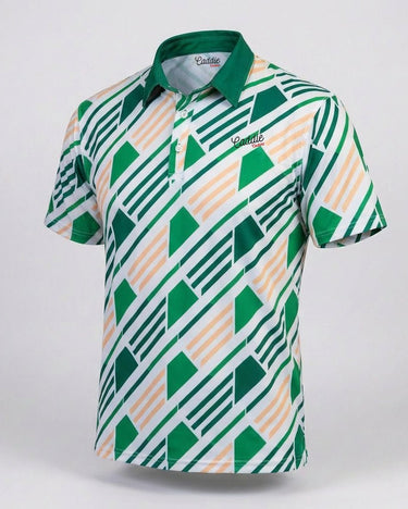 Green and white patterned polo shirt on a light gray background