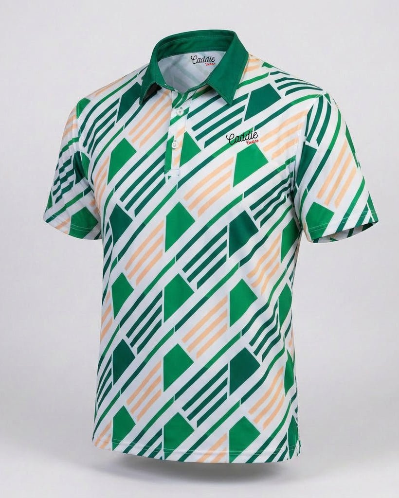 Green and white patterned polo shirt on a light gray background