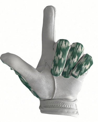 Gray glove with green and white pattern on a white background