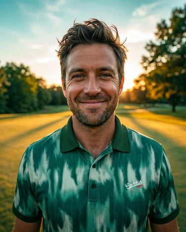 Man wearing a green polo shirt with a logo, standing in a park at sunset.