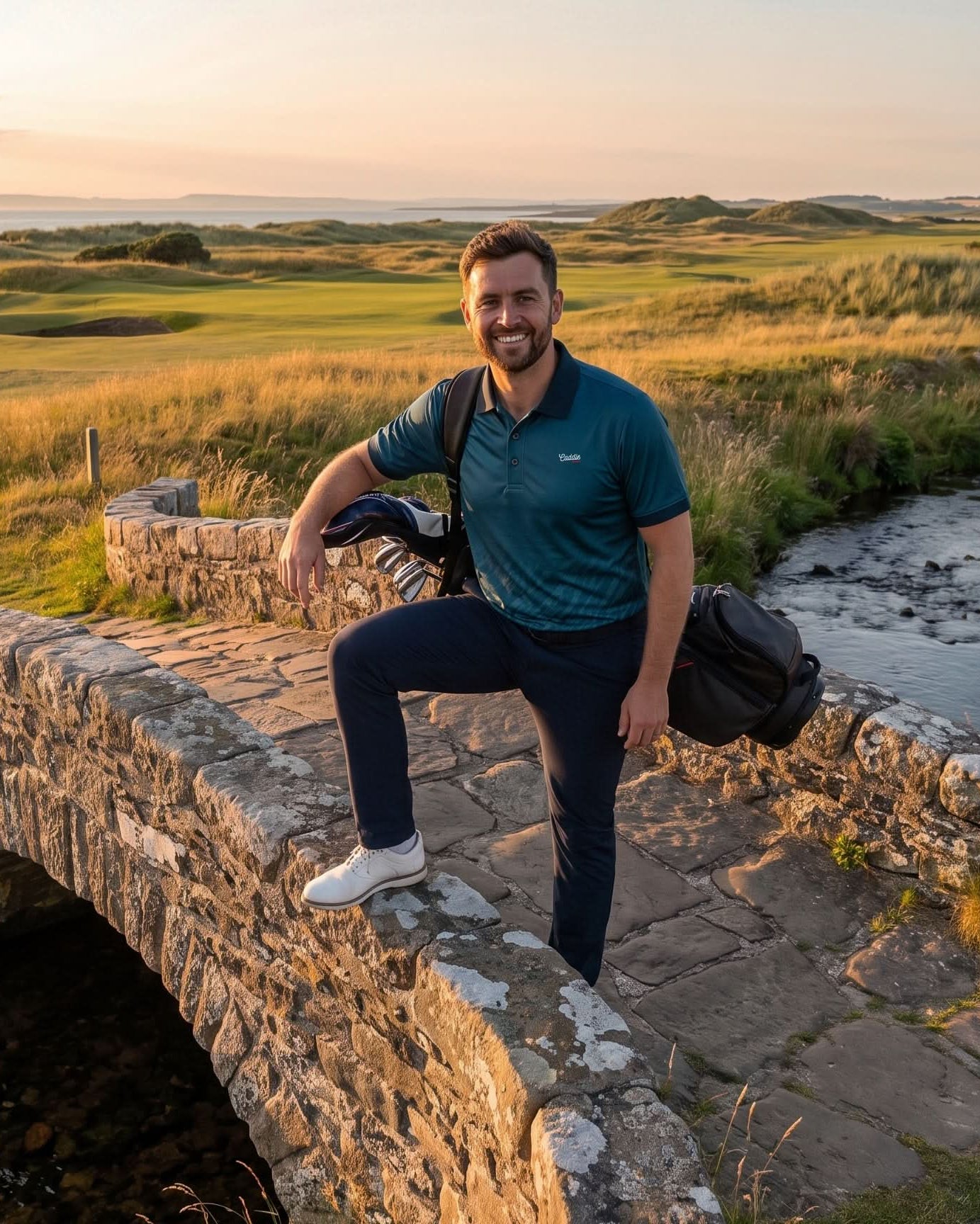 A man wearing a teal polo shirt and dark trousers stands on a stone bridge over a stream, holding a golf bag and a black bag, with a golf course landscape in the background during golden hour.