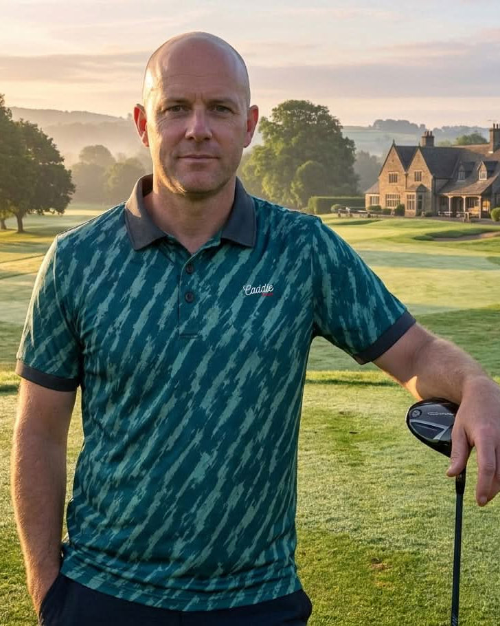 A man wearing a teal and green patterned Caddie Couture golf polo shirt stands on a golf course holding a club, with a clubhouse and trees in the background during golden hour.