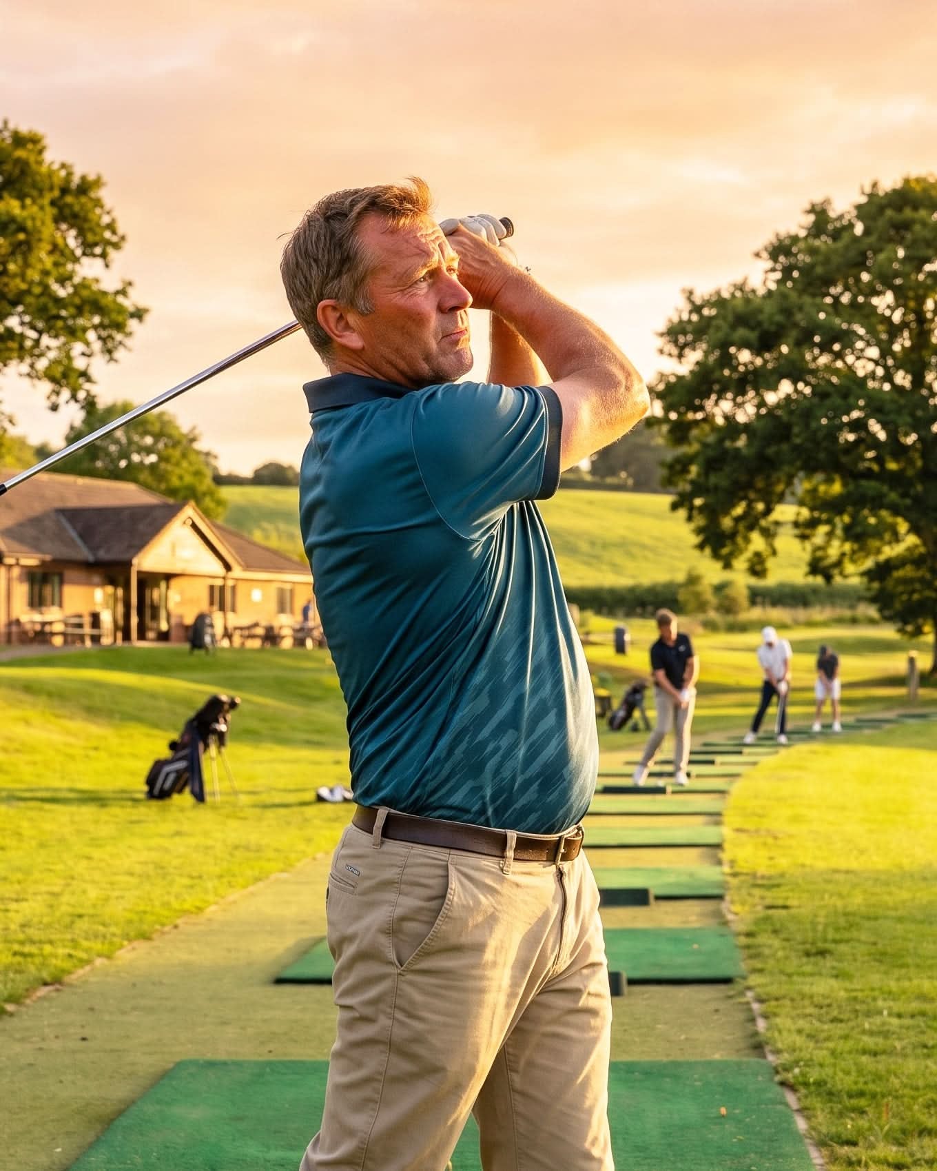A man in a teal polo shirt and khaki pants swings a golf club on a driving range at sunset, with a golf course, trees, and other players visible in the background.