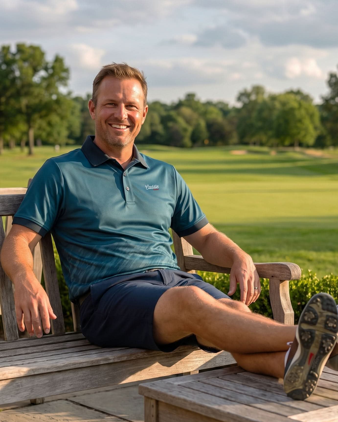 A smiling man sits on a wooden bench at a golf course, wearing a teal polo shirt, navy shorts, and athletic shoes, with a green golf course and trees in the background.