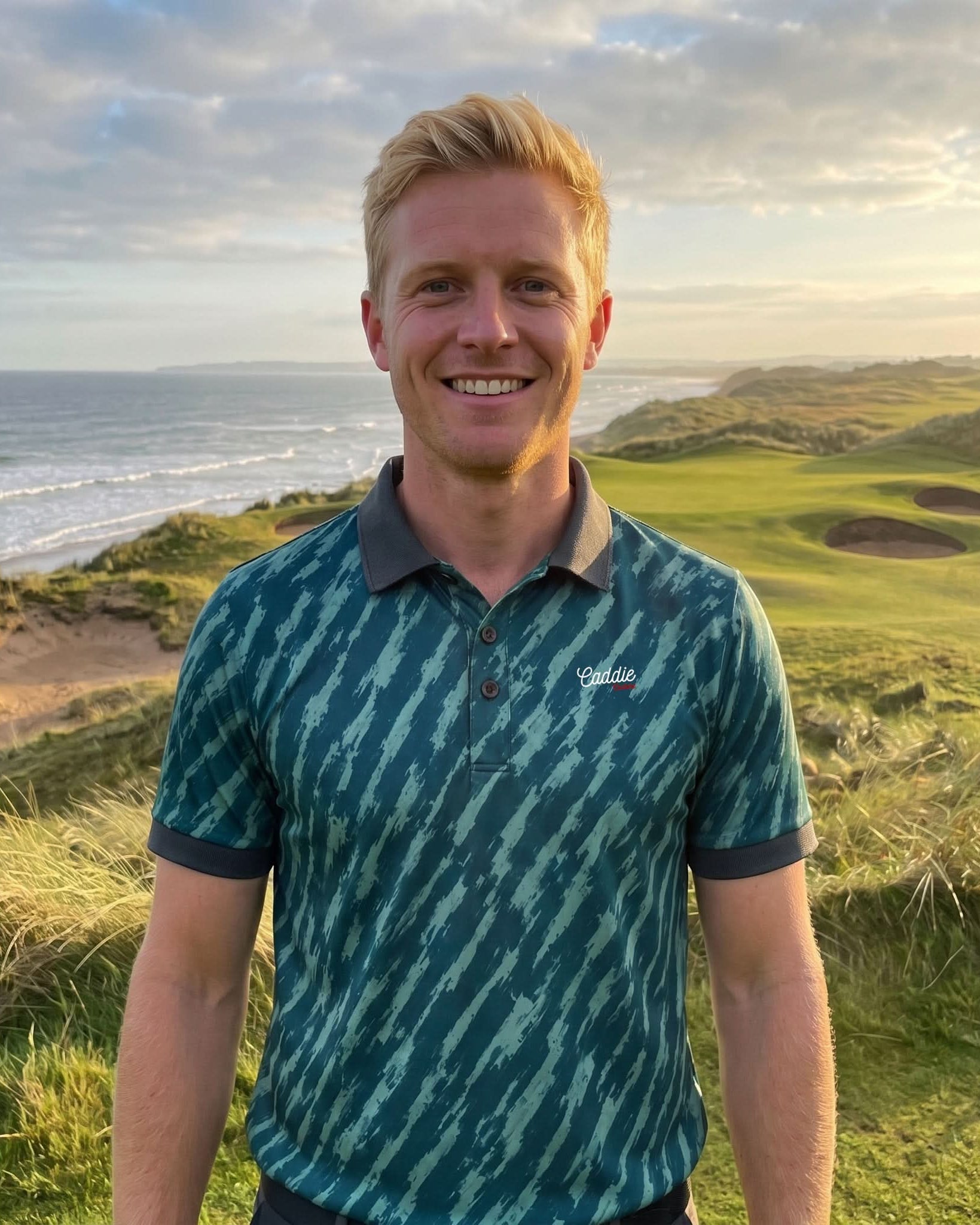 A smiling blond man wearing a teal and light blue patterned polo shirt stands outdoors on a grassy golf course with ocean views in the background.