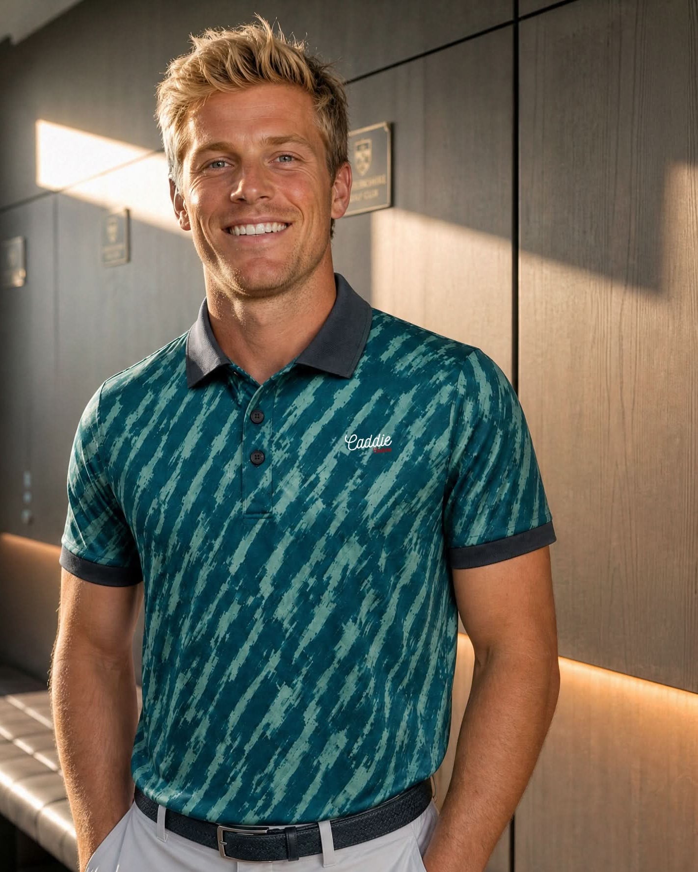 A smiling man wearing a teal and green patterned short-sleeve polo shirt with a dark collar and cuffs, standing in a modern indoor setting with wood-paneled walls and warm lighting.