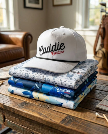 Stack of folded golf towels with a cap labeled 'Caddie Couture' on a wooden table.