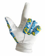 White glove with blue and yellow floral pattern on a white background