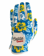 Golf glove with blue and yellow floral pattern on a white background
