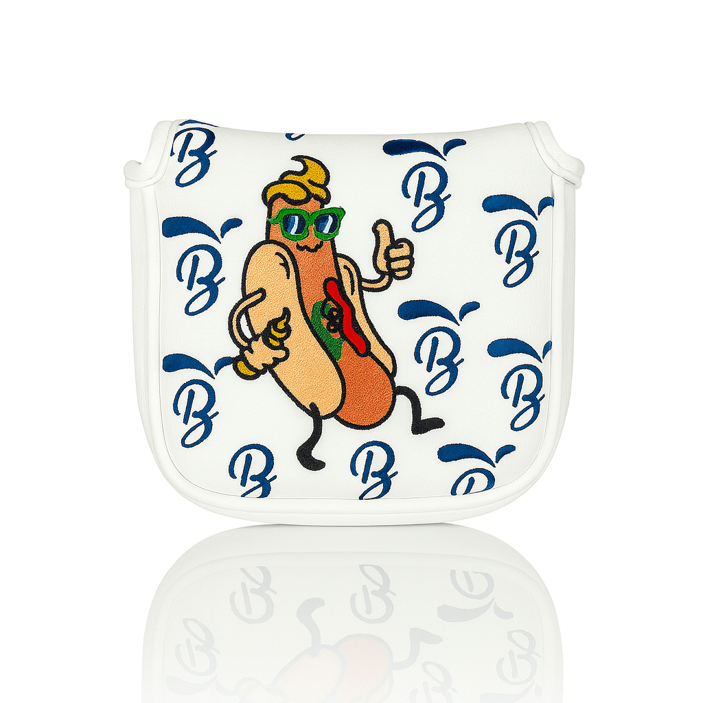 Cartoon hot dog character on a white mallet putter cover