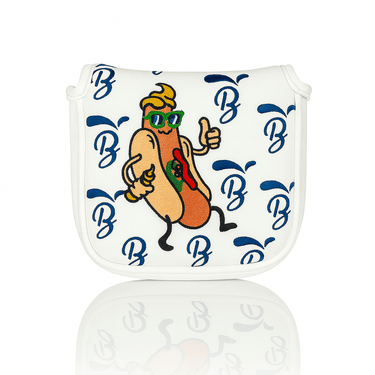 Cartoon hot dog character on a white mallet putter cover