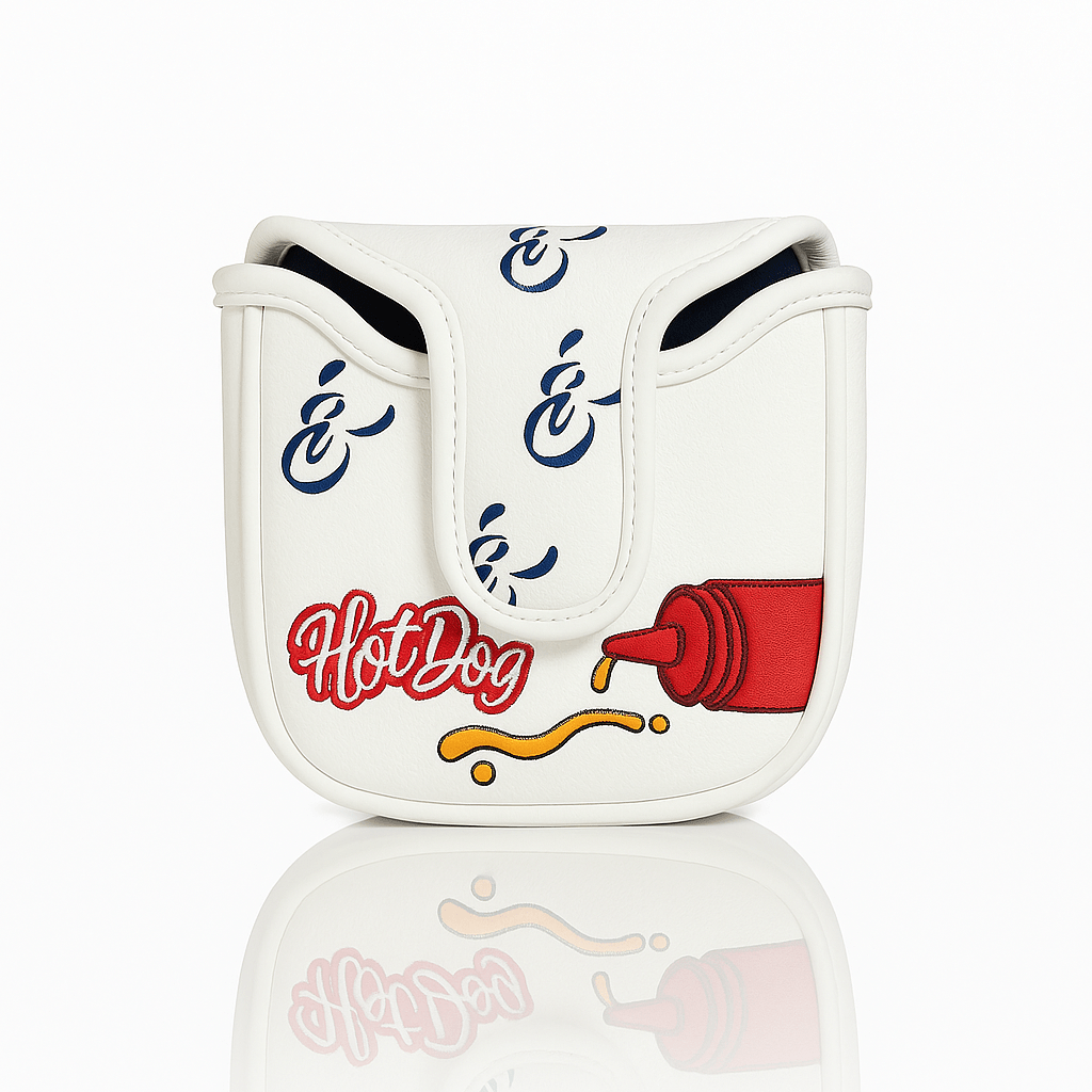 White mallet putter cover with hot dog-themed design on a white background