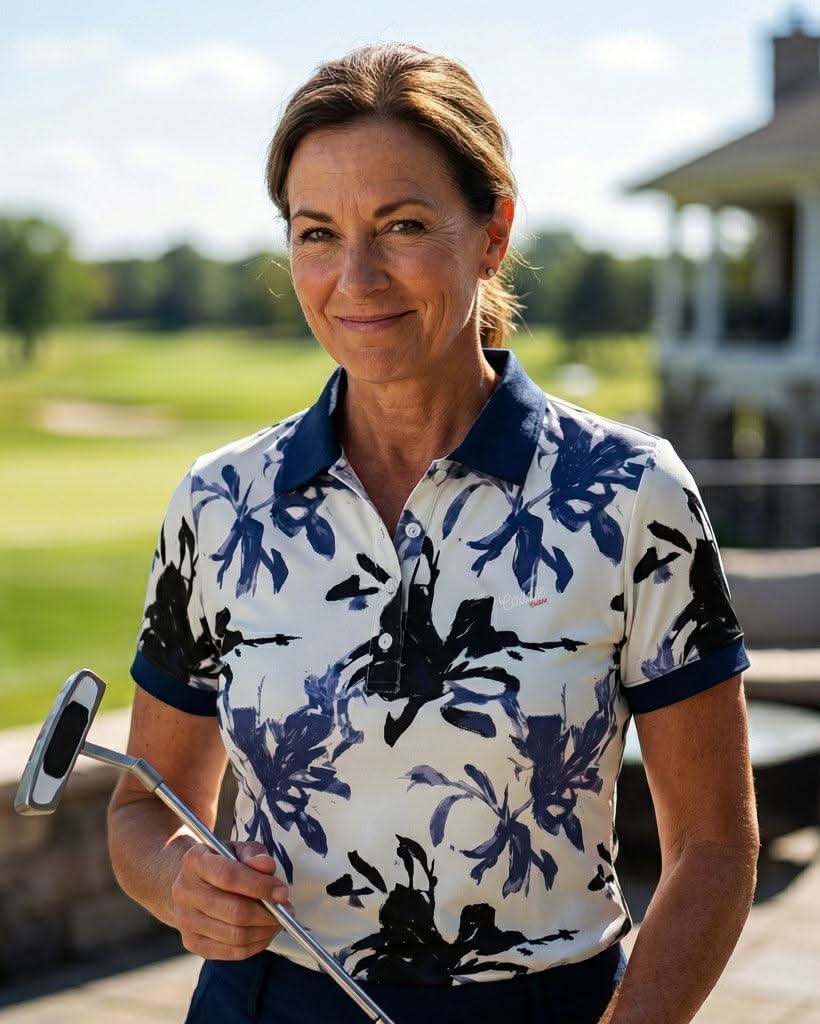 Woman holding a golf club on a golf course with a clubhouse in the background