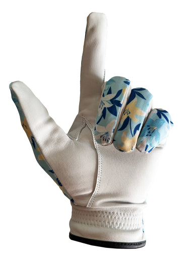 White glove with blue floral pattern on a white background