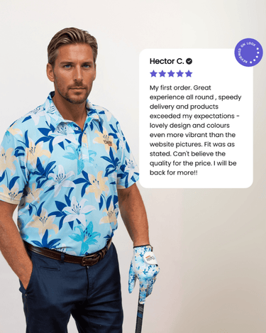 Man wearing a floral shirt and holding a golf club with a five-star review overlay.